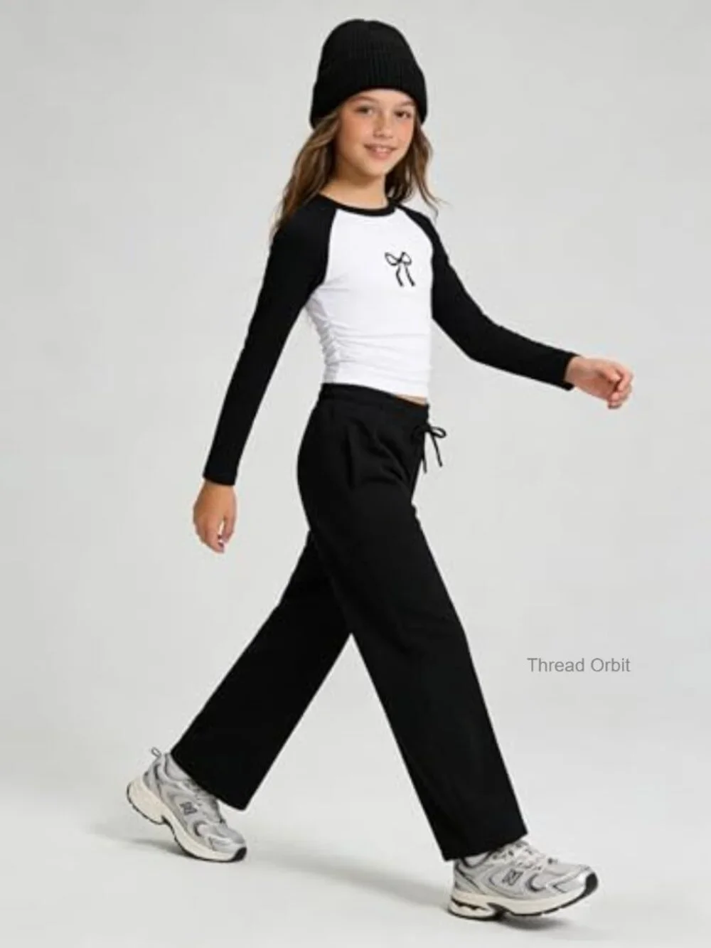 Girls Color Block Bow Print Top & Wide Leg Sweatpants 2 Piece Outfit Set